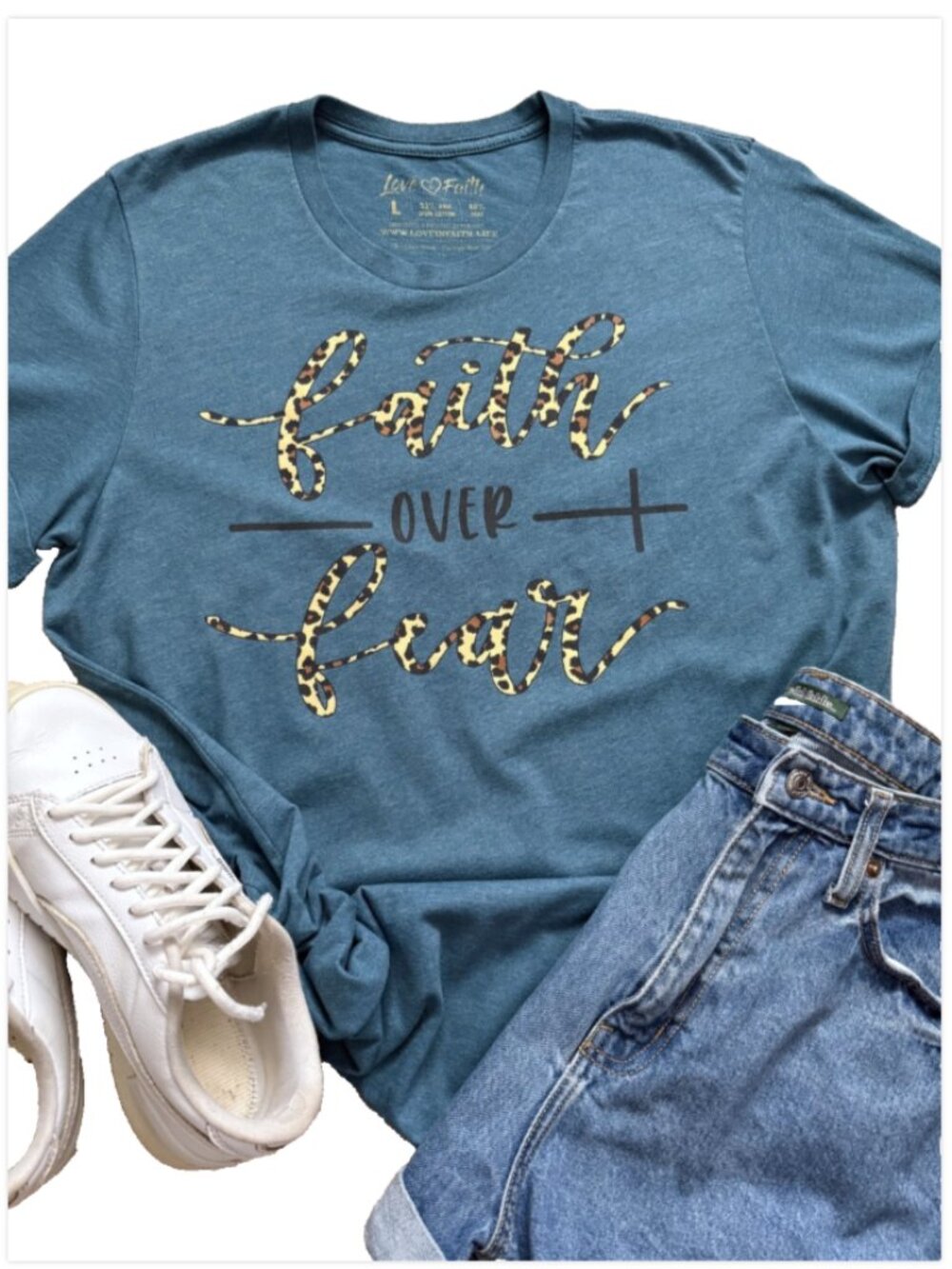 Faith Over Fear Inspirational Short Sleeve T-Shirt Christian Women's Blue Large